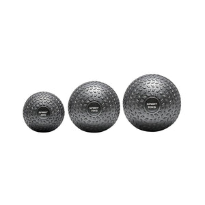 Three textured black medicine balls of varying sizes are lined up side by side. Each is labeled with its weight: 4 kg, 15 kg, and 30 kg. The brand name "Sprint" appears on each ball.