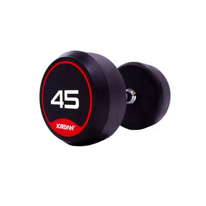 A single black JORDAN Solid Rubber Dumbbell by Jordan, with a red and white label marked "10," is shown on a white background—premium weights perfect for strength and functional fitness routines.