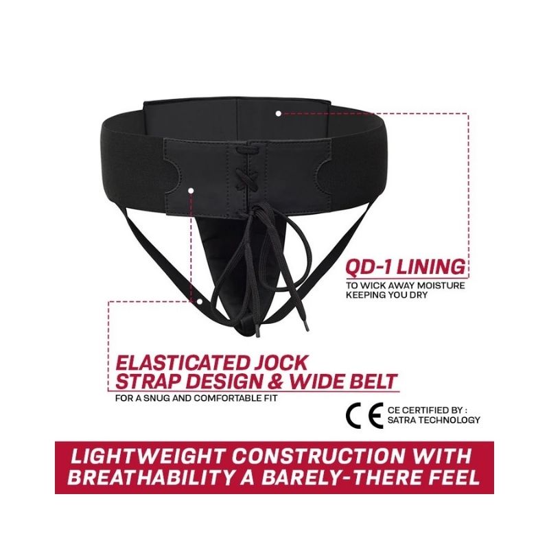 The RDX - Noir T-15 Groin Guard is a black athletic jockstrap with a wide elastic belt, lace-up front, and moisture-wicking lining. It offers comfort, breathability, CE-certified safety, and an optimal fit for boxing.