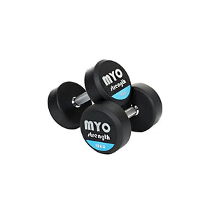 Two MYO Strength Rubber Dumbbells, each labeled 10 KG in black, white, and blue on the end, feature silver handles and a noise-reducing design. Durable and colour-coded, they are shown on a white background.