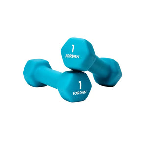 Two black JORDAN Neoprene Studio Dumbbells, each labeled "10 JORDAN" in white, rest on a white surface—stylish, colour-coded hex weights from Jordan for any home or studio gym setup.