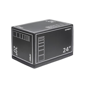 A black, rectangular foam plyometric jump box with white markings showing heights of 20 and 24 inches, used for exercise or training. The box has the brand name "SPIRIT" printed on it.