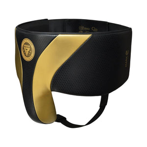 Black and gold boxing body protector with a textured surface, branded logo on the left side, and adjustable straps for securing around the waist.