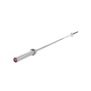 The MYO Strength 7ft Olympic Barbell – 15kg, featuring precision bearings and a 168,000 PSI rating, is ideal for powerlifting. Shown on a white background.