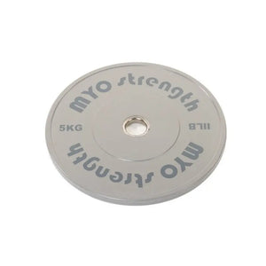 A green MYO Strength Coloured Rubber Bumper Plate (10kg/22lb) with purple text and a metal center hole, part of the Olympic Standard colour-coded range (2.5kg–25kg) by MYO Strength.