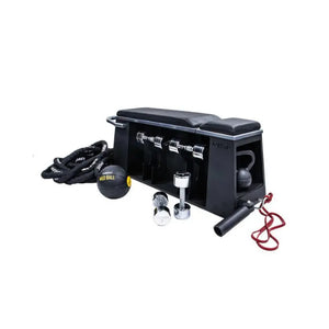 The Jordan JORDAN HIIT Bench is a black adjustable all-in-one training station with built-in storage for dumbbells, a kettlebell, a sandbag, and battle ropes—perfect for keeping your home gym organized.