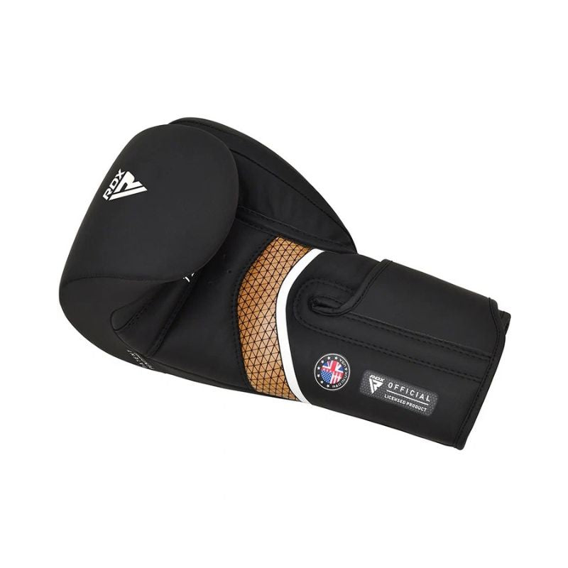 The RDX - Aura Plus T17 Boxing Gloves features a black design with brown mesh detail, official certification patches, and enhanced wrist support, displayed against a white background.