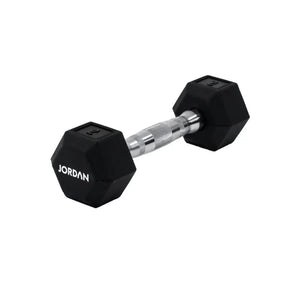 A single black JORDAN Urethane HEX Dumbbell with a silver handle rests on a white surface. Branded "Jordan," this durable, anti-roll weight offers versatile use and stability for lasting gym performance.