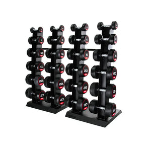 The JORDAN Vertical Dumbbell Storage Racks by Jordan are black, metal, freestanding stands with two bases and slots for 10 or 12 pairs—perfect for organized gyms needing space-saving dumbbell storage.
