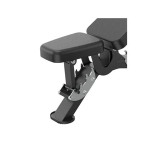The Attack Fitness Attack Strength Adjustable Bench – Commercial FID Bench with Hip Thrust Pad & Locking Bar is shown in black and silver, featuring a padded seat and backrest in an inclined position on a white background.