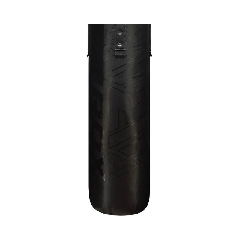 The RDX - Kara F6 4ft / 5ft 2-in-1 Punching Bag Set stands tall in black with sleek branding, ideal as a heavy-duty punch bag for intense boxing workouts.
