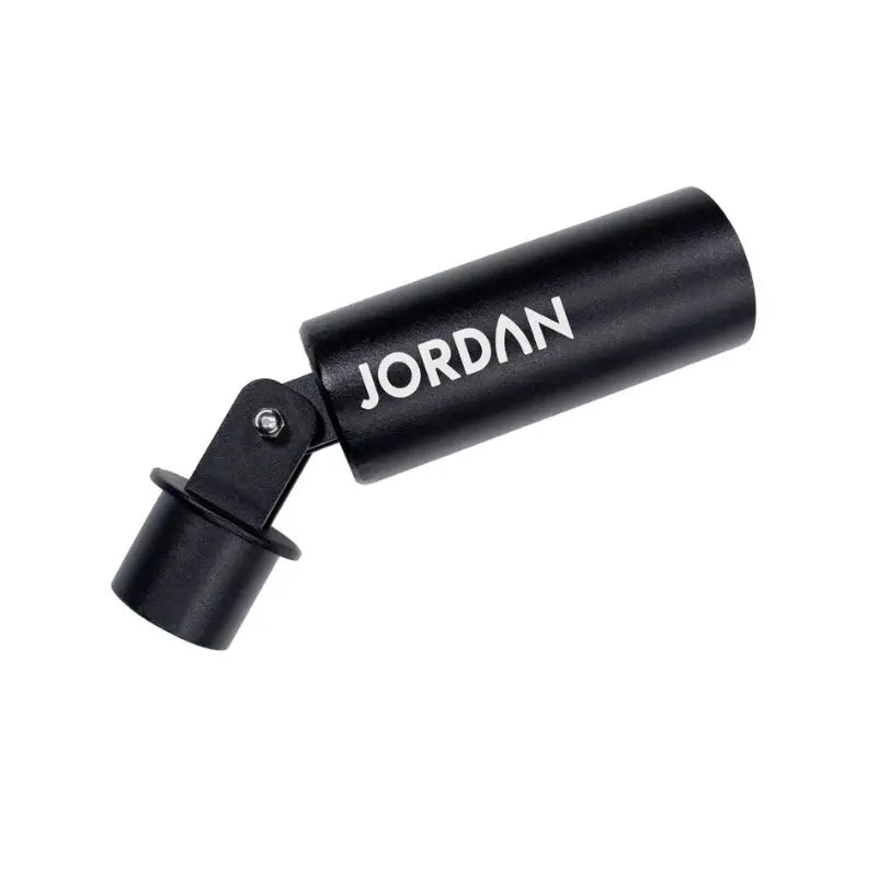 A gray cylindrical Olympic bar attachment with Jordan printed on it, the JORDAN Portable Landmine Trainer features an angled connector and clamp mechanism, resembling a car exhaust tip.