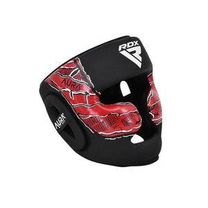 Black and red RDX AURA boxing headgear on a solid white background.