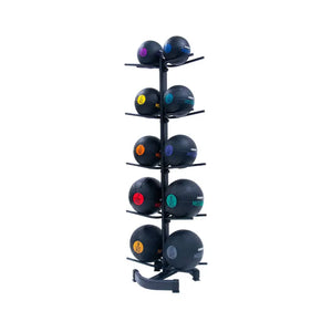 The Jordan Medicine/Slam Ball Storage Rack holds up to 10 balls, featuring a black metal vertical design with angled arms on each side and a sturdy base, ideal for organised storage in home or gym settings.