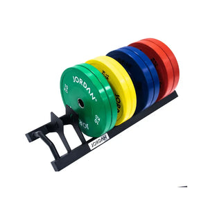 The JORDAN Weight Plate Toaster Rack by Jordan is a black metal rack with angled slots and a sturdy base, perfect for organizing multiple Olympic or bumper plates in your gym. The brand name appears on the side for easy identification.