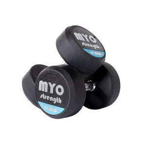 Two MYO Strength Rubber Dumbbells, each labeled 10 KG in black, white, and blue on the end, feature silver handles and a noise-reducing design. Durable and colour-coded, they are shown on a white background.