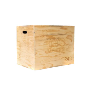 The MYO Strength 3-in-1 Wooden Plyometric Jump Box offers 20", 24", and 30" heights, visible wood grain, side handles, and engraved numbers—ideal for versatile jump training and fitness routines.