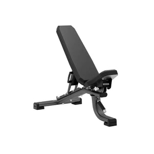 The JORDAN Adjustable Multi-Purpose Weight Bench by Jordan is shown inclined on a white background, featuring a padded backrest and seat, sturdy metal legs, and visible adjustment mechanisms for versatile workouts. Made in the UK.