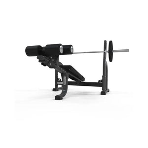 The JORDAN Decline Weight Bench by Jordan is a UK-made commercial chest press bench in black, featuring padded rollers and a barbell rack, designed for chest strength and weightlifting exercises, shown isolated on a white background.