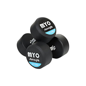 Two MYO Strength Rubber Dumbbells, each labeled 10 KG in black, white, and blue on the end, feature silver handles and a noise-reducing design. Durable and colour-coded, they are shown on a white background.