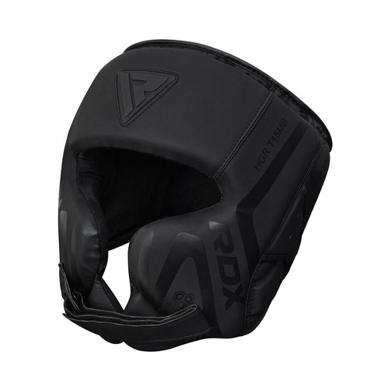 RDX - Noir T-15 Cheek Protector Headguard in black, with thick padding and cheek protection. Made from durable Maya Hide leather, features chin strap and embossed RDX branding on the side and forehead. Front and side views shown.