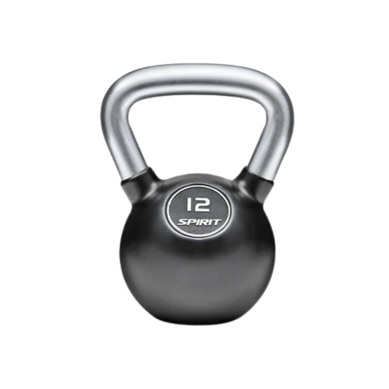 Black kettlebell with a silver handle and '12' marking on a white background