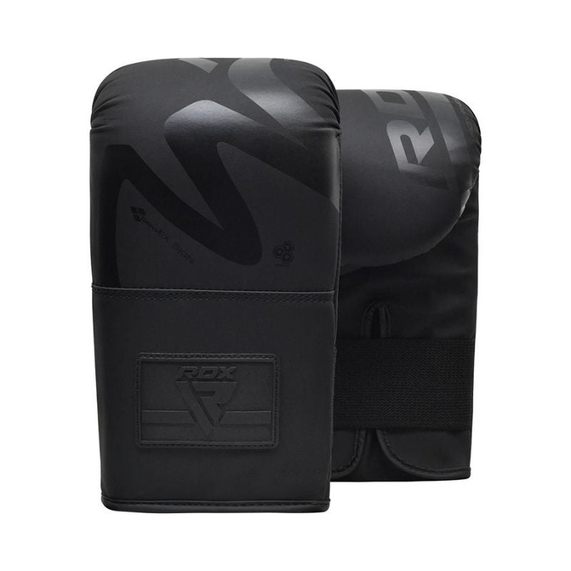 Two black RDX - Noir F15 Bag Gloves 4oz Black, featuring ConvEX Skin Combat Leather, are shown side by side—one displaying the palm, the other knuckle side for superior impact protection.