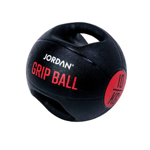 The JORDAN Double-Grip Medicine Ball by Jordan features two handles, black color with red accents, labeled GRIP BALL and 10 KG—ideal for functional training, core conditioning, strength training, and fitness exercises.