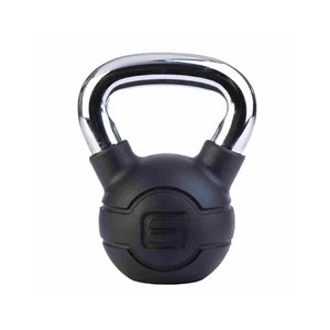 The Jordan Chrome/Rubber Kettlebells – 4kg to 24kg set features a black kettlebell with a chrome handle and "24" embossed on the front. Its durable rubber coating offers added protection, making it ideal for kettlebell enthusiasts. Plain white background.