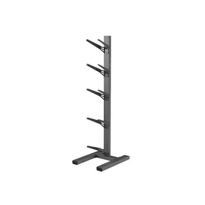 The JORDAN Medicine Ball Rack (5 Balls) by Jordan is a black, space-saving vertical gym rack with angled arms for organized storage, ideal for efficiently holding medicine balls in any fitness setting.