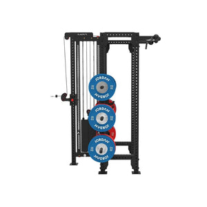 The JORDAN J75 Adjustable T Rack Cable Machine is a black all-in-one pulley and power rack system with Jordan-branded blue and red weight plates—perfect for versatile strength training using cables, pulleys, and bars.