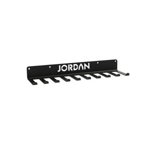 The Jordan Power Band Wall Hanger is a black metal rack with eight hooks, ideal for storing resistance bands or skipping ropes—perfect gym accessory from Jordan.