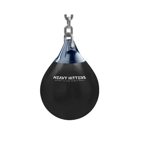 A red and black HEAVY HITTERS Aqua Punch Bag by Heavy Hitters hangs from a metal chain against a white background, highlighting its reduced impact design and water-filled construction.