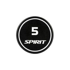 Black dumbbell with '5 Spirit' text on a white background