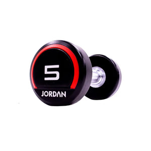 The JORDAN Premium Urethane Dumbbell, a commercial grade black dumbbell with red accents and a white "10" and "Jordan" logo on the end, is ideal for strength training and shown on a white background.