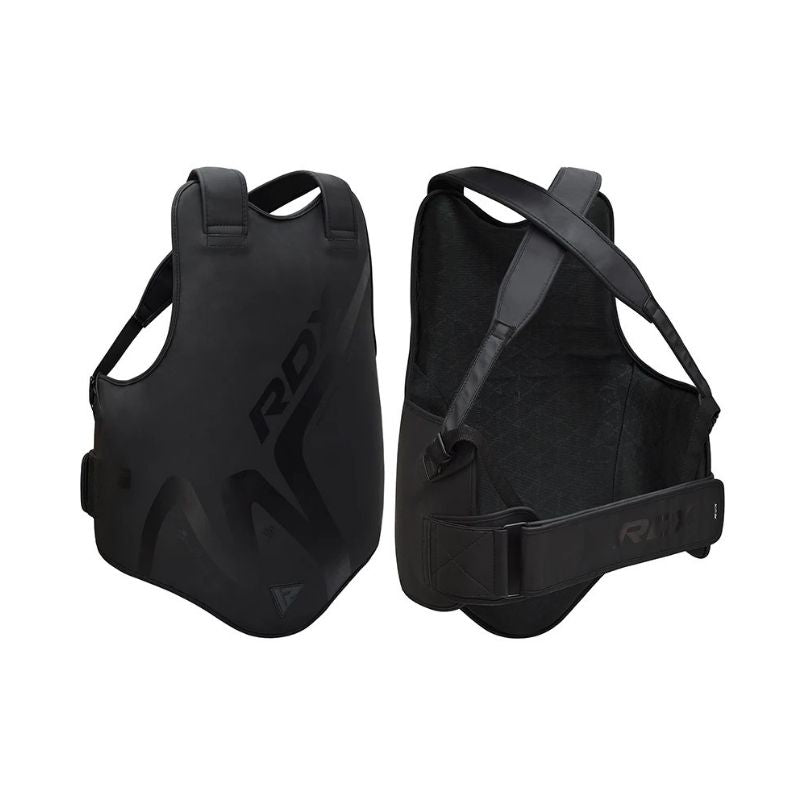 Two black RDX - Noir T-15 Body Protectors are shown, one facing forward and the other showing adjustable shoulder straps and a wide Velcro waist strap for secure body protection.