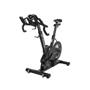 The Attack Fitness M1 Magnetic Studio Bike by Attack Fitness is a black belt-driven indoor cycle with console, featuring an adjustable seat, handlebars, and large flywheel—ideal for indoor cycling workouts against a white background.