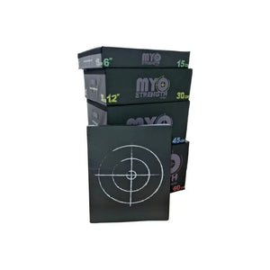 Five black MYO Strength Soft Plyometric Platform Boxes (7.5–60cm) are stacked by size, each labeled in cm/inch, perfect for jump training. This is the stackable 5-piece kit by MYO Strength.