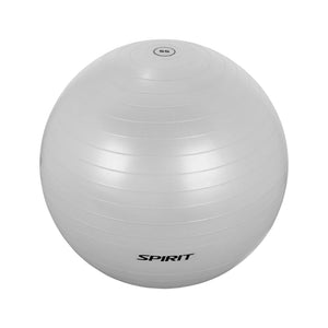 A silver exercise stability ball with horizontal ridges, the number 55 on top, and the word "SPIRIT" printed in black near the bottom.