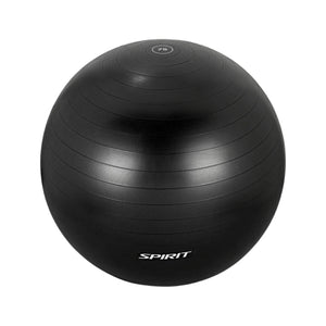 A black exercise stability ball with the word "SPIRIT" written in white near the base and the number "75" marked at the top, photographed against a white background.