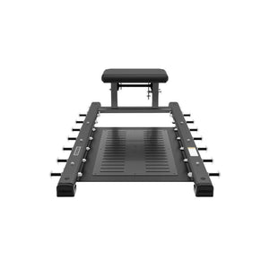 The JORDAN Glute / Hip Thrust Bench by Jordan is a commercial gym equipment bench in black, featuring a padded seat and adjustable barbell supports. Seen from the front against a white background, it’s also ideal for glute thrust exercises.