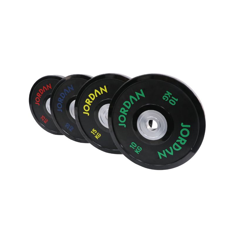 The JORDAN Urethane Olympic Competition Plate by Jordan is a black plate with coloured "JORDAN" lettering featuring competition-grade accuracy and a silver centre hole for barbell mounting.
