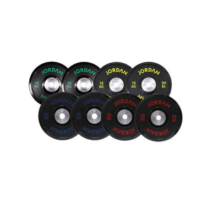 The JORDAN Urethane Olympic Competition Plate by Jordan is a black plate with coloured "JORDAN" lettering , featuring competition-grade accuracy and a silver centre hole for barbell mounting.