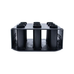 The JORDAN Olympic Bar Holder by Jordan is a black, rectangular rack with nine vertical slots for organizing Olympic bars upright, featuring the brand name cut out on the side.