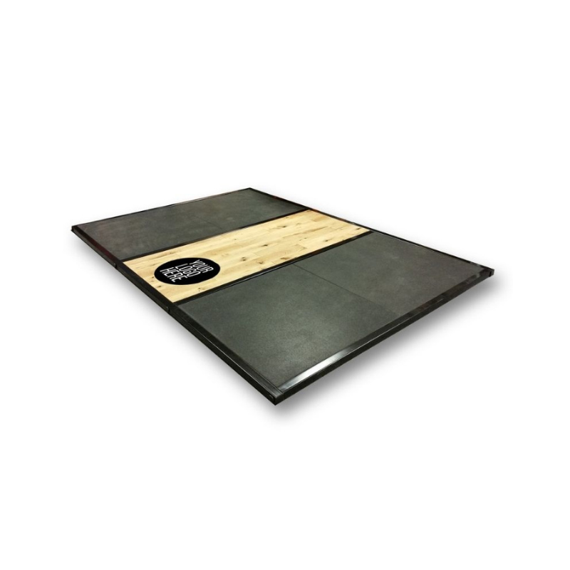 The MYO Strength Olympic Lifting Platform – With Oak Centre & Rubber Crumb Sides is shown from a low angle against a white background, highlighting its oak center and shock-absorbing rubber crumb sides.