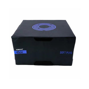 The Jordan JORDAN Soft Plyo Boxes are stackable foam plyometric training platforms in black, available in 7.5cm to 60cm heights with colored labels—ideal for fitness exercises and plyometric workouts.