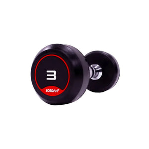 A single black JORDAN Solid Rubber Dumbbell by Jordan, with a red and white label marked "10," is shown on a white background—premium weights perfect for strength and functional fitness routines.