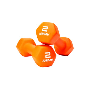 Two black JORDAN Neoprene Studio Dumbbells, each labeled "10 JORDAN" in white, rest on a white surface—stylish, colour-coded hex weights from Jordan for any home or studio gym setup.