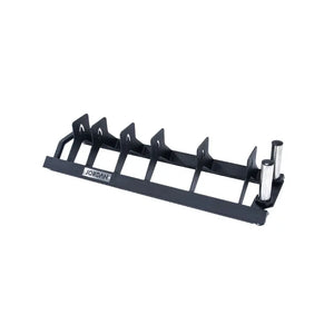 The JORDAN Weight Plate Toaster Rack by Jordan is a black metal rack with angled slots and a sturdy base, perfect for organizing multiple Olympic or bumper plates in your gym. The brand name appears on the side for easy identification.
