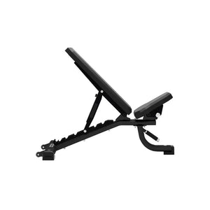 The JORDAN Adjustable Multi-Purpose Weight Bench by Jordan is shown inclined on a white background, featuring a padded backrest and seat, sturdy metal legs, and visible adjustment mechanisms for versatile workouts. Made in the UK.